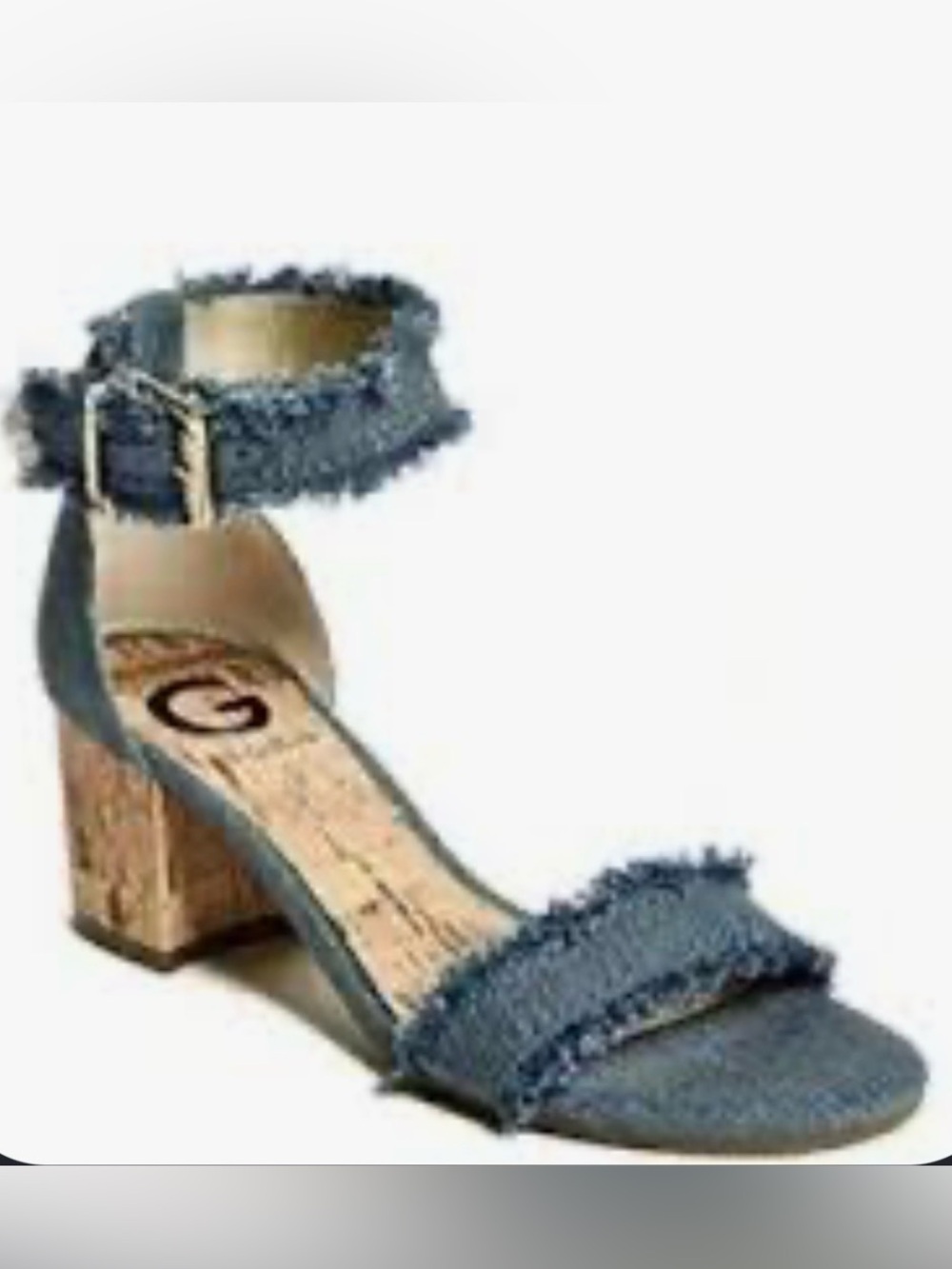 G by Guess Denim Frayed Ankle-Strap Block Heel Sandal - Blue